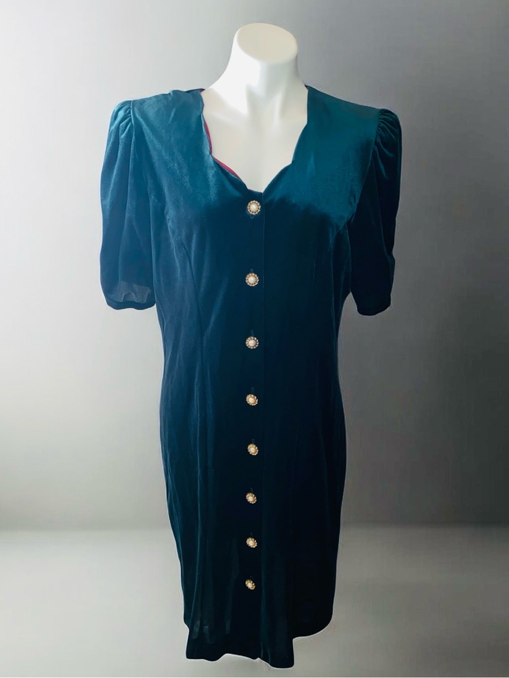 Vintage Marnie West Emerald Green Velvet Pearl Button Front Midi Dress Size 16